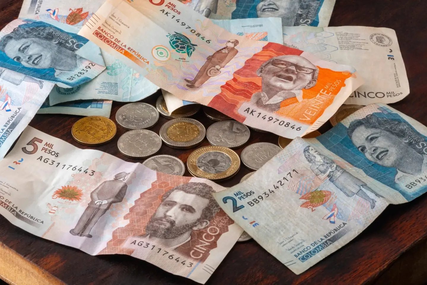 Colombian peso banknotes and coins, showing Colombia's COP currency