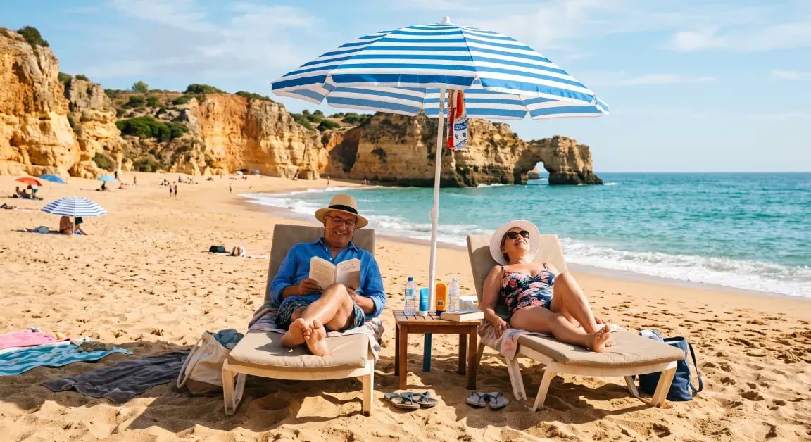 Couple relaxing on sun loungers under a striped umbrella on a beach in Portugal