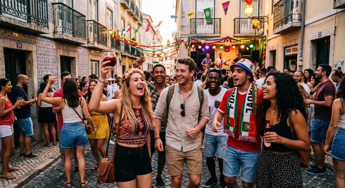 Group of friends laughing and drinking wine on a lively party street in Lisbon