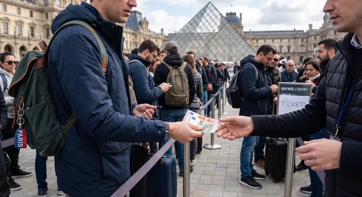 Tourists queuing to enter the Louvre museum in Paris