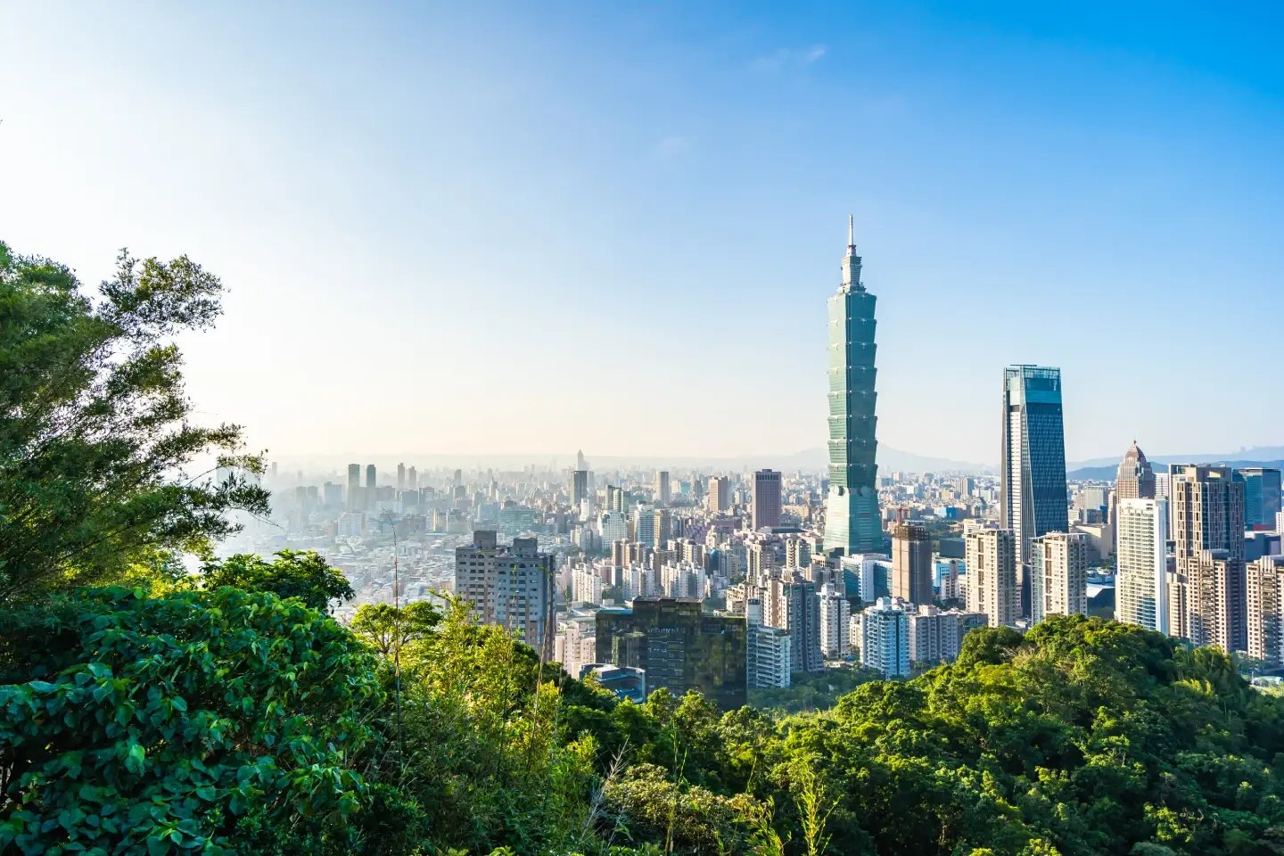 Taipei skyline and Taipei 101 seen from a green hillside lookout