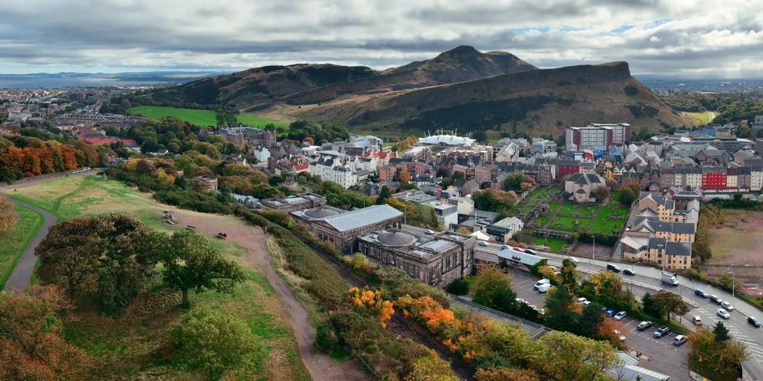Edinburgh city skyline panorama viewed from above, aerial view Scotland