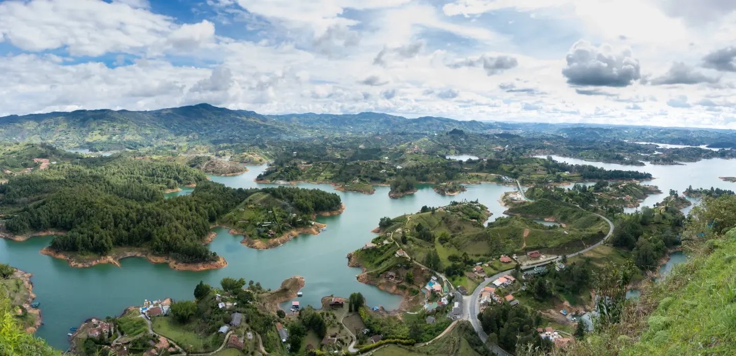 Aerial view of Guatapé's lake and green islands from El Peñol, Colombia