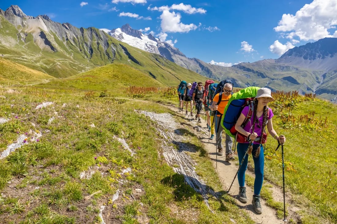 Group of hikers walking single-file along a mountain trail through alpine meadows, with snow-capped peaks in the distance.