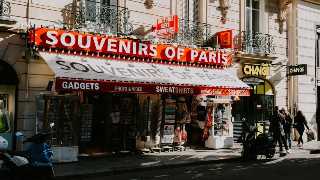 Paris souvenir shop where travellers can easily buy gifts and souvenirs with cash.