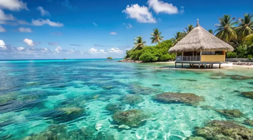 Tropical overwater bungalow and clear lagoon in Micronesia