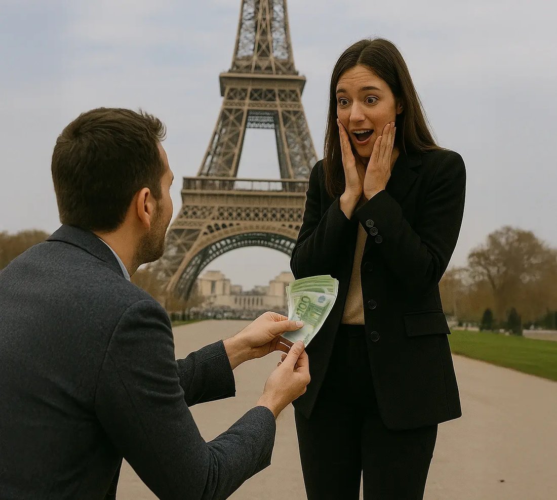 Man playfully proposing with euro cash in front of the Eiffel Tower in Paris