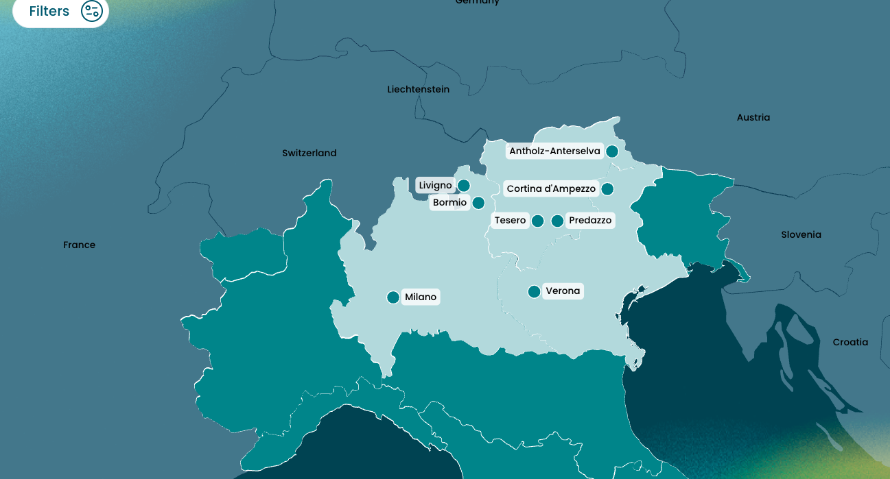 Map showing Milano Cortina 2026 Winter Olympics host locations across northern Italy