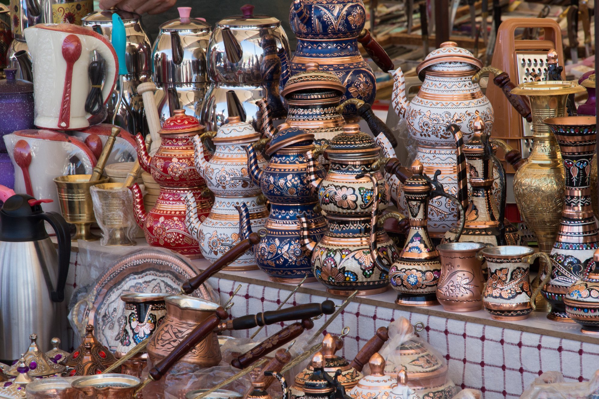 Brass dallah coffee pots for sale at Souq Al Zal market in Riyadh