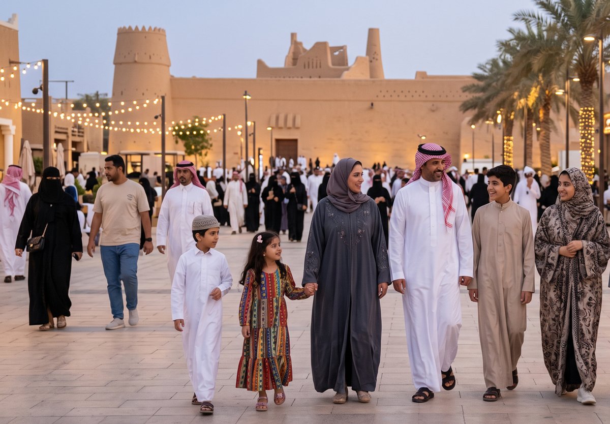 Families walking past mud-brick buildings in Diriyah, Riyadh
